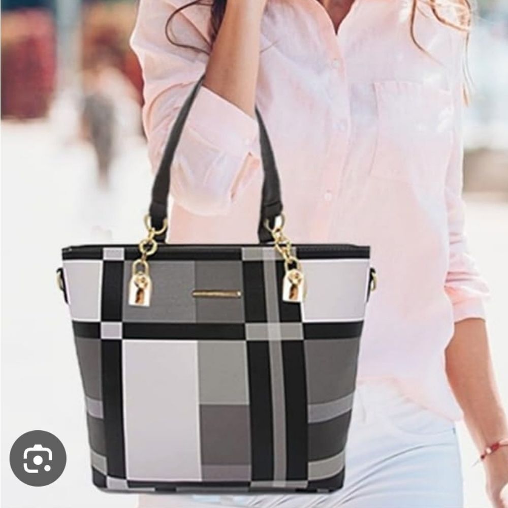 Mei & Ge Women Black/Gray/White plaid Gold Tone Accents Bag